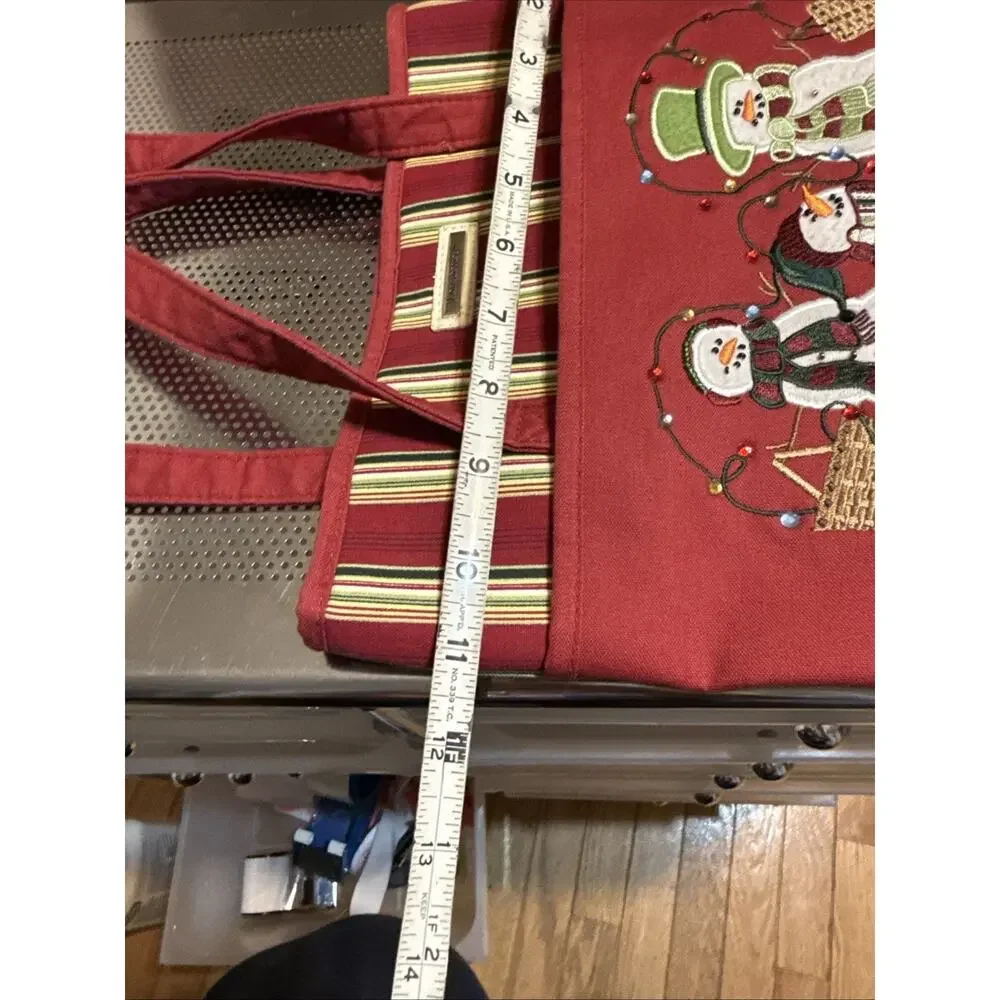 Longaberger Holiday Snowman Tote Bag Red Striped Canvas Christmas Embroidered